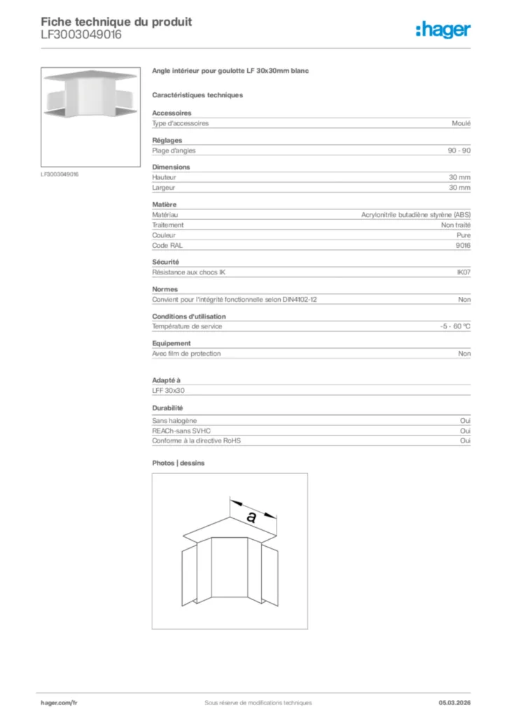 Image Hager Fiche technique du produit LF3003049016 | Hager France