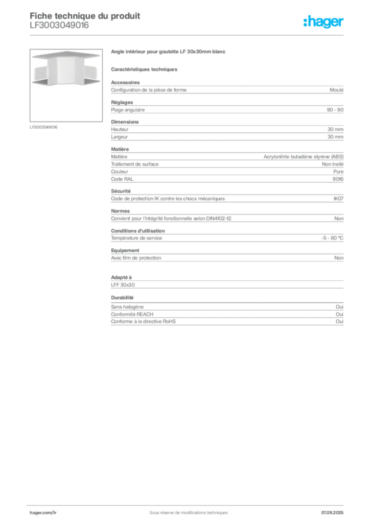 Image Hager Fiche technique du produit LF3003049016 | Hager France