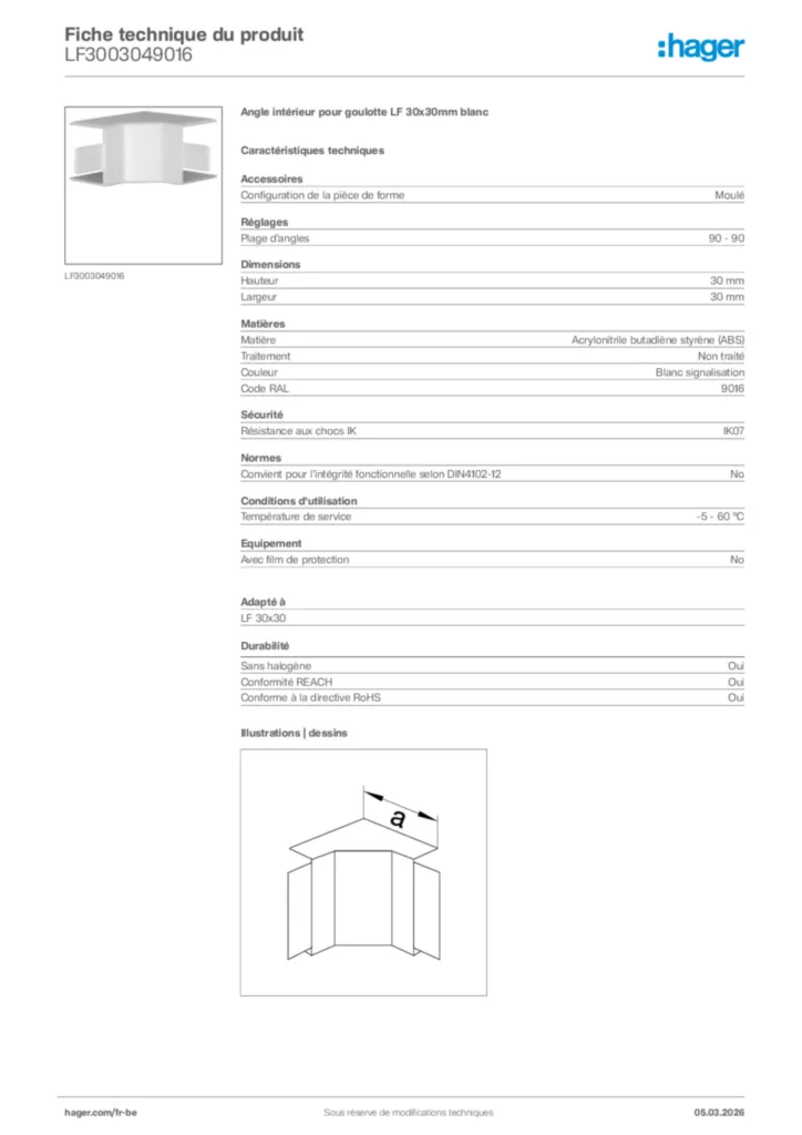 Image Hager Fiche technique du produit LF3003049016 | Hager Belgique