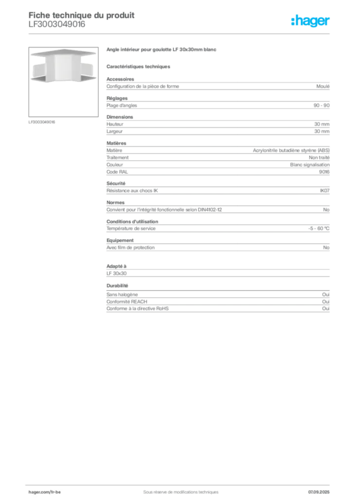 Image Hager Fiche technique du produit LF3003049016 | Hager Belgique