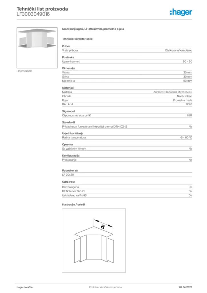 Slika Hager Tehnički list proizvoda LF3003049016  | Hager