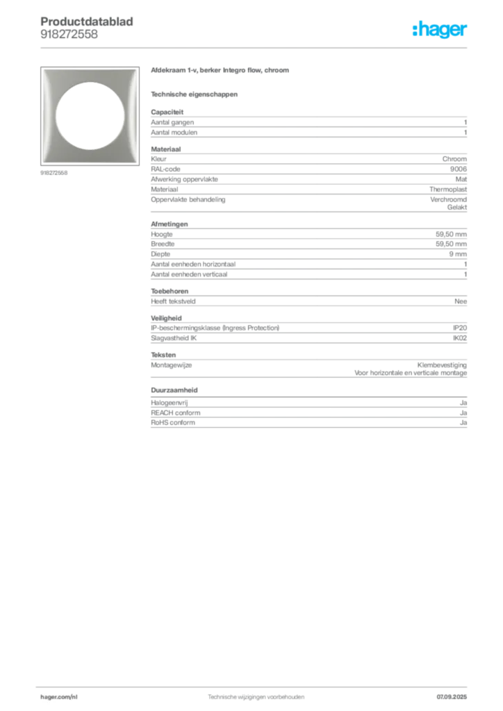 Afbeelding Hager Productdatablad 918272558 | Hager Nederland