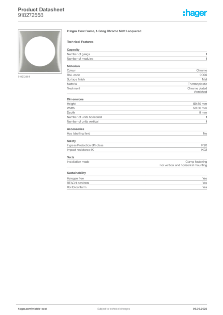 Image Hager Product data sheet 918272558  | Hager