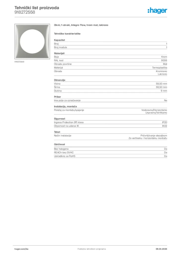 Slika Hager Tehnički list proizvoda 918272558  | Hager