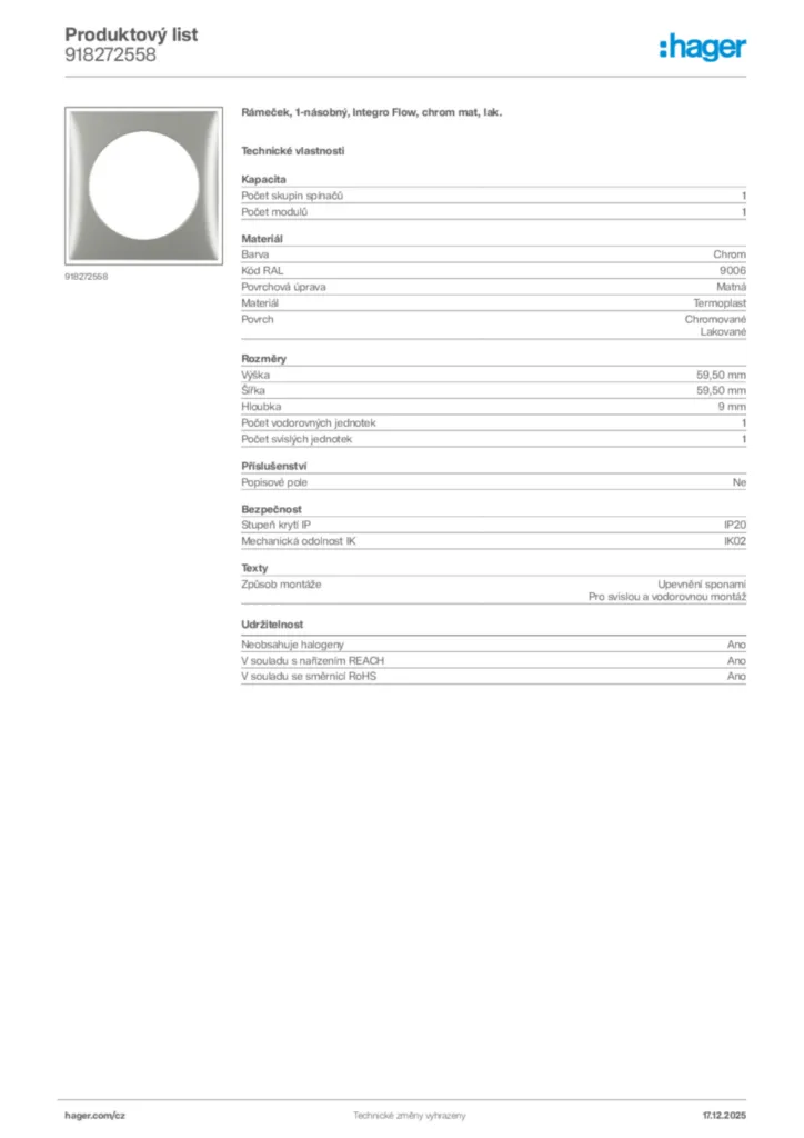 Obrázek Hager Produktový list 918272558 | Hager
