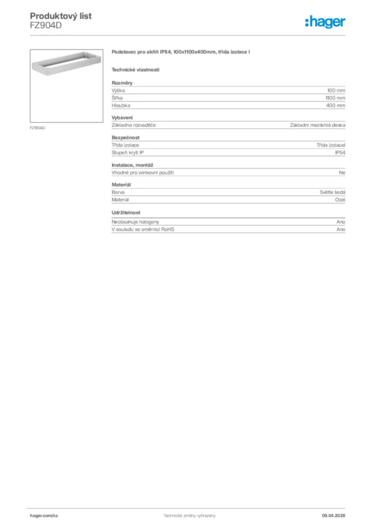 Obrázek Hager Product data sheet FZ904D | Hager