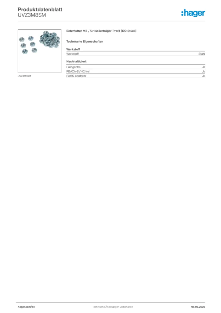 Bild Hager Produktdatenblatt UVZ3M8SM | Hager Deutschland