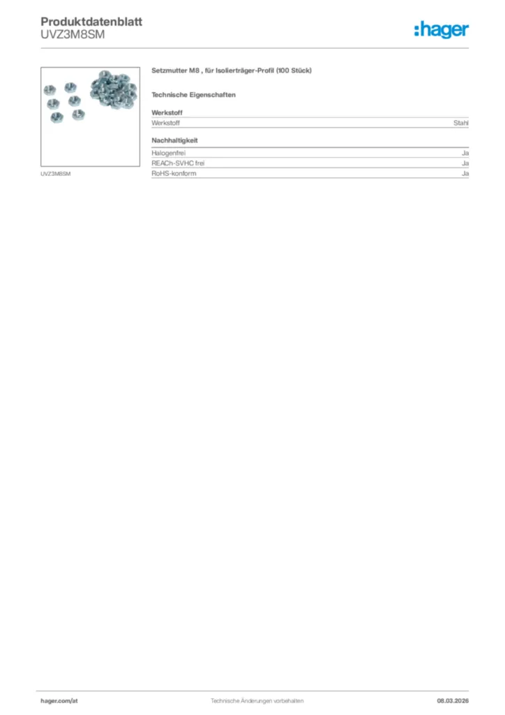 Bild Hager Produktdatenblatt UVZ3M8SM | Hager Deutschland
