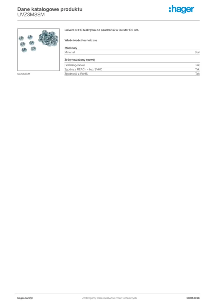 Zdjęcie Hager Karta katalogowa UVZ3M8SM | Hager Polska