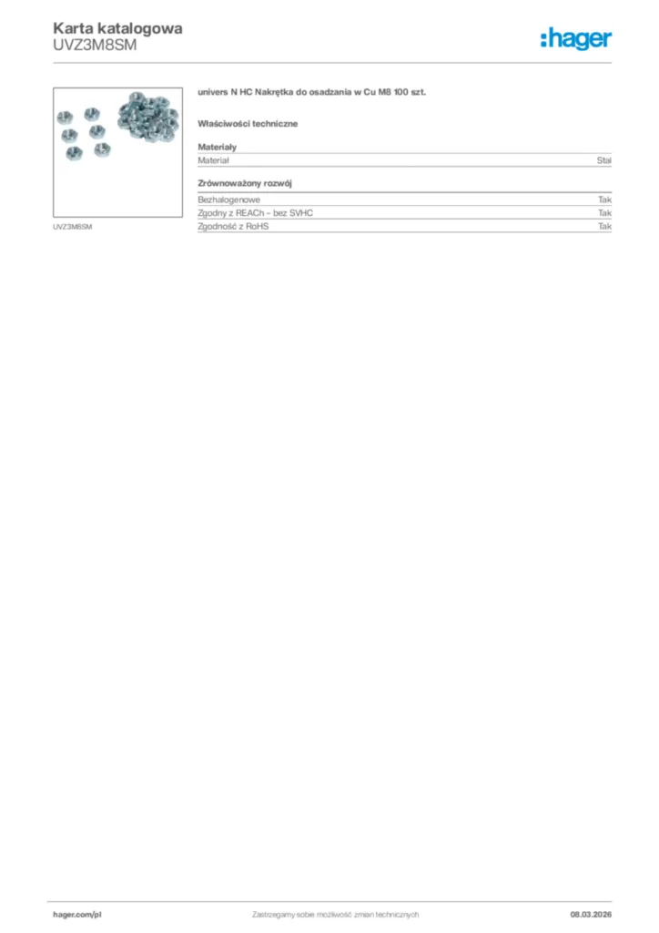 Zdjęcie Hager Karta katalogowa UVZ3M8SM | Hager Polska