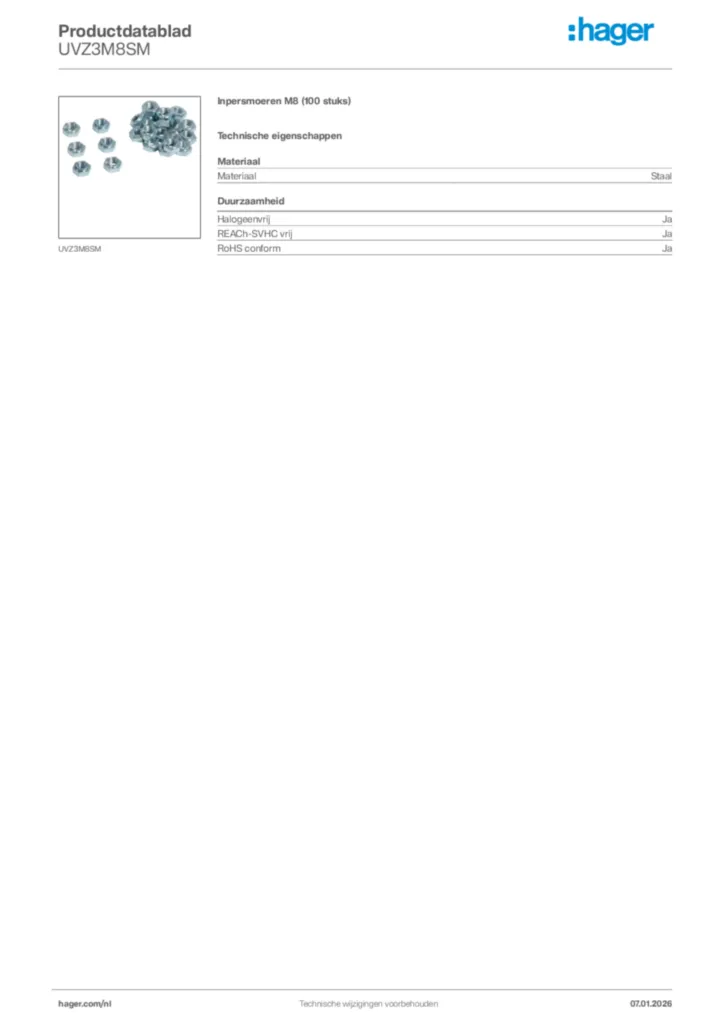 Afbeelding Hager Productdatablad UVZ3M8SM | Hager Nederland