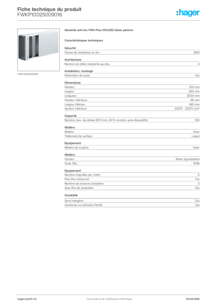 Image Hager Fiche technique du produit FWKP10025009016 | Hager Suisse
