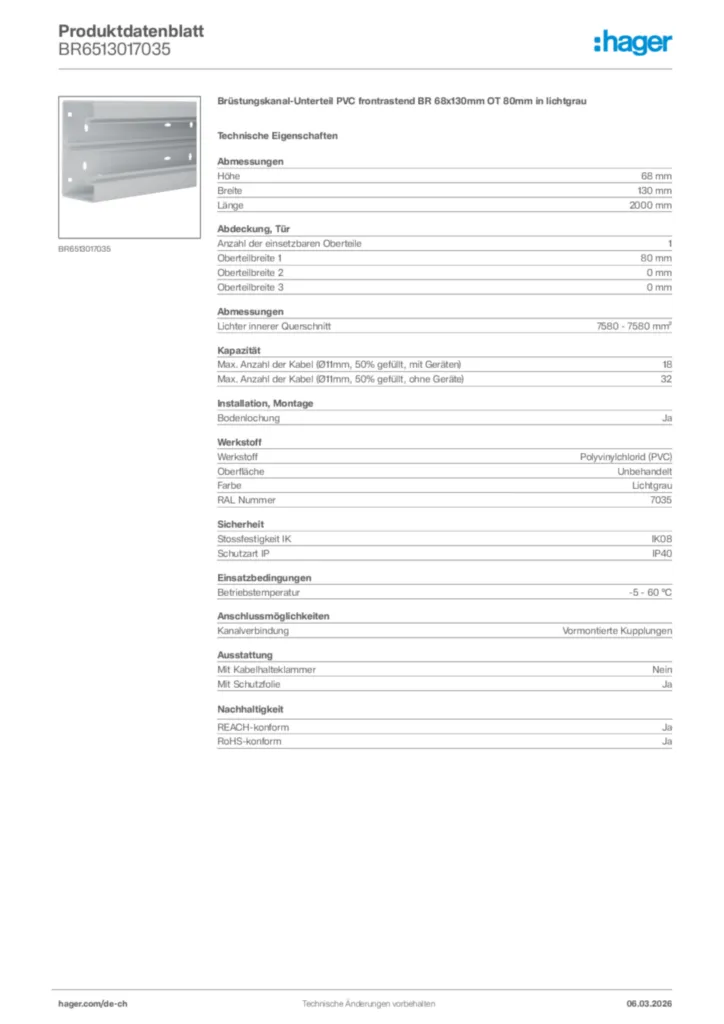 Bild Hager Produktdatenblatt BR6513017035 | Hager Schweiz