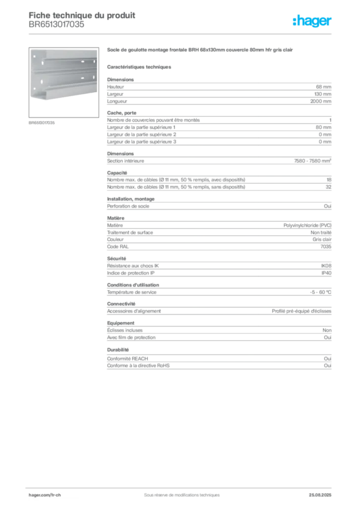 Image Hager Fiche technique du produit BR6513017035 | Hager Suisse