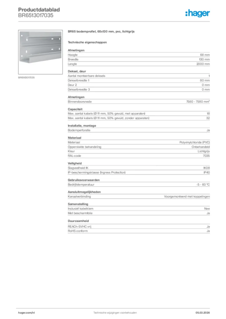 Afbeelding Hager Productdatablad BR6513017035 | Hager Nederland