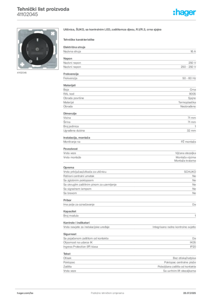 Slika Hager Product data sheet 41102045  | Hager