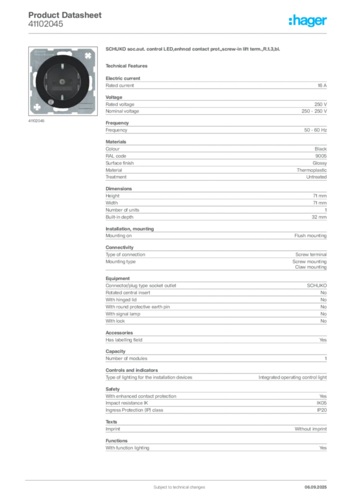 Image Hager Product data sheet 41102045  | Hager