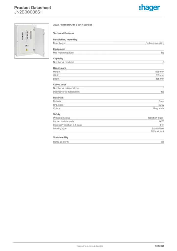 Image Hager Product data sheet JN2B00006S1  | Hager Africa