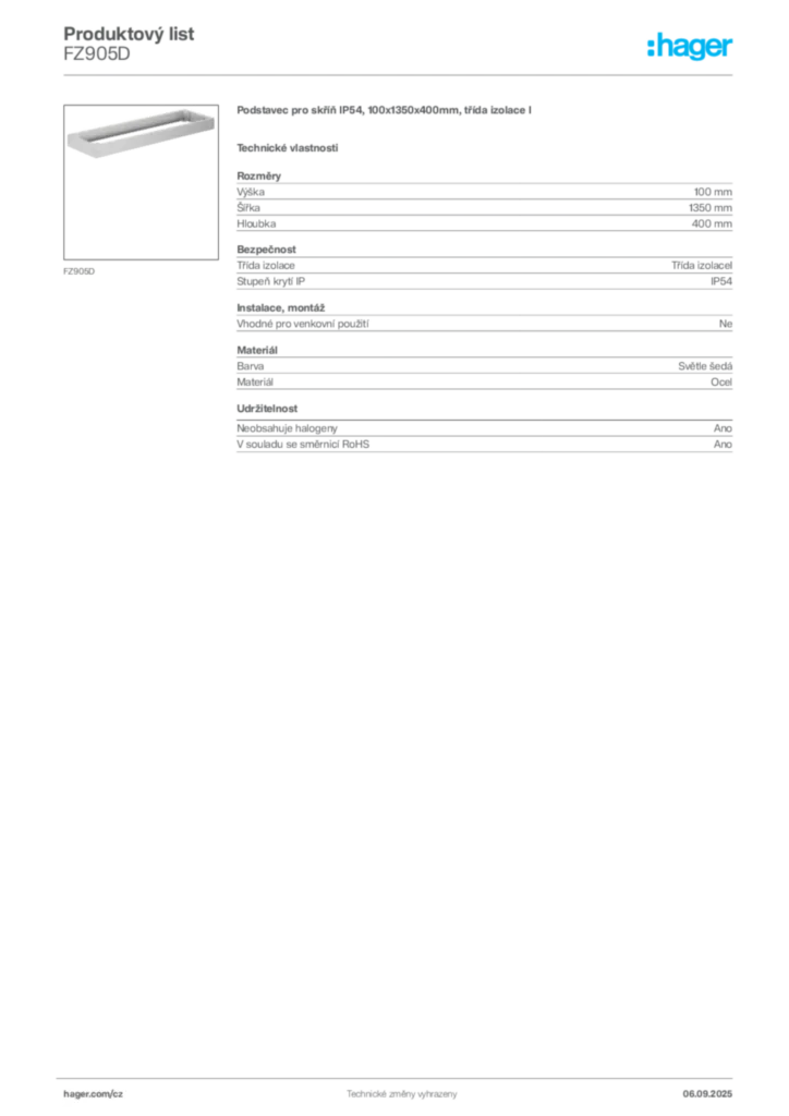 Obrázek Hager Produktový list FZ905D | Hager