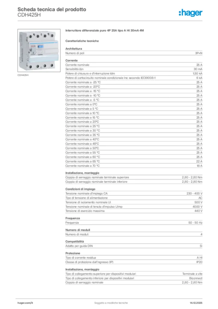 Immagine Hager Scheda tecnica del prodotto CDH425H | Hager Italia