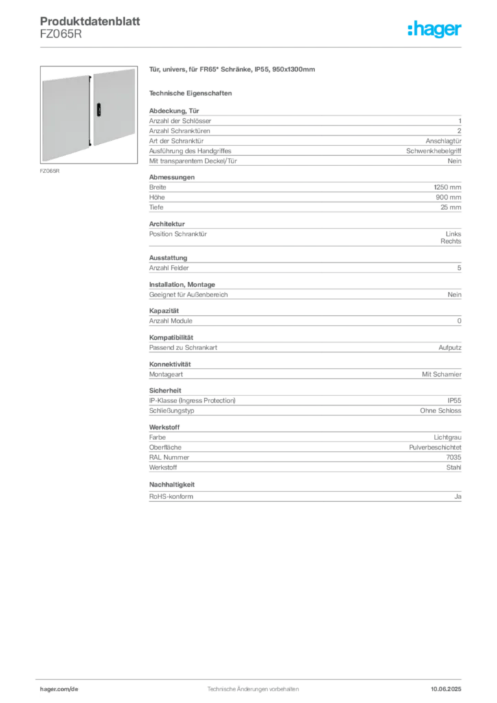 Bild Hager Produktdatenblatt FZ065R | Hager Deutschland