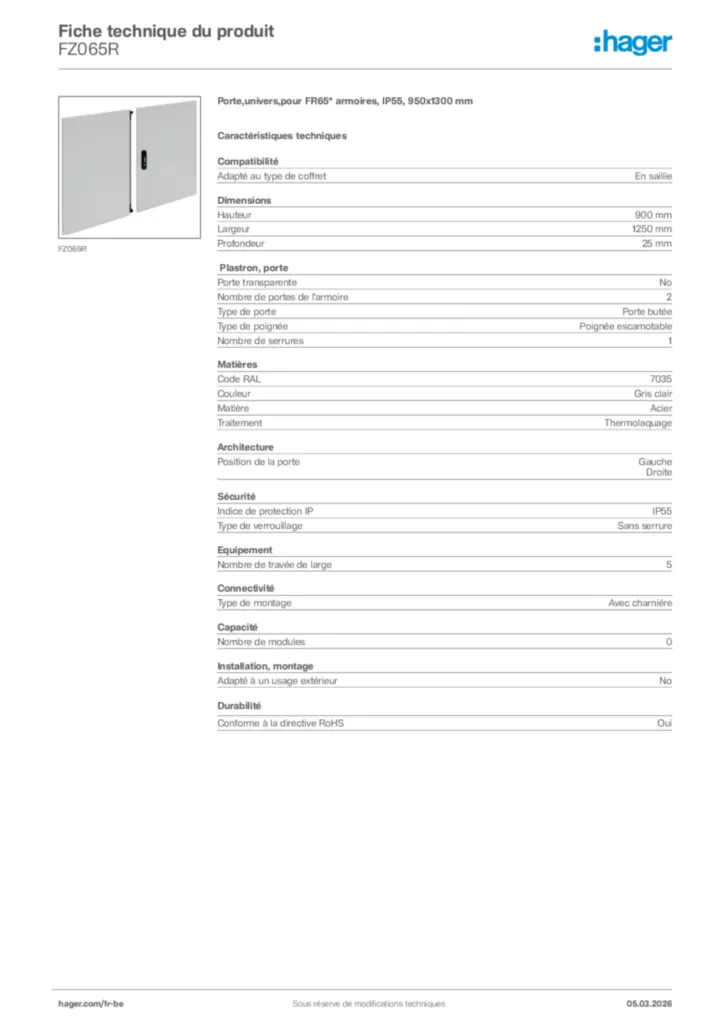 Image Hager Fiche technique du produit FZ065R | Hager Belgique