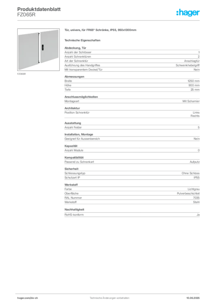 Bild Hager Produktdatenblatt FZ065R | Hager Schweiz