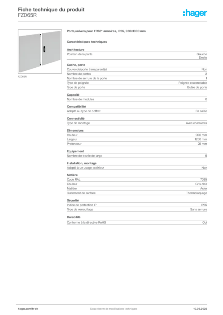 Image Hager Fiche technique du produit FZ065R | Hager Suisse