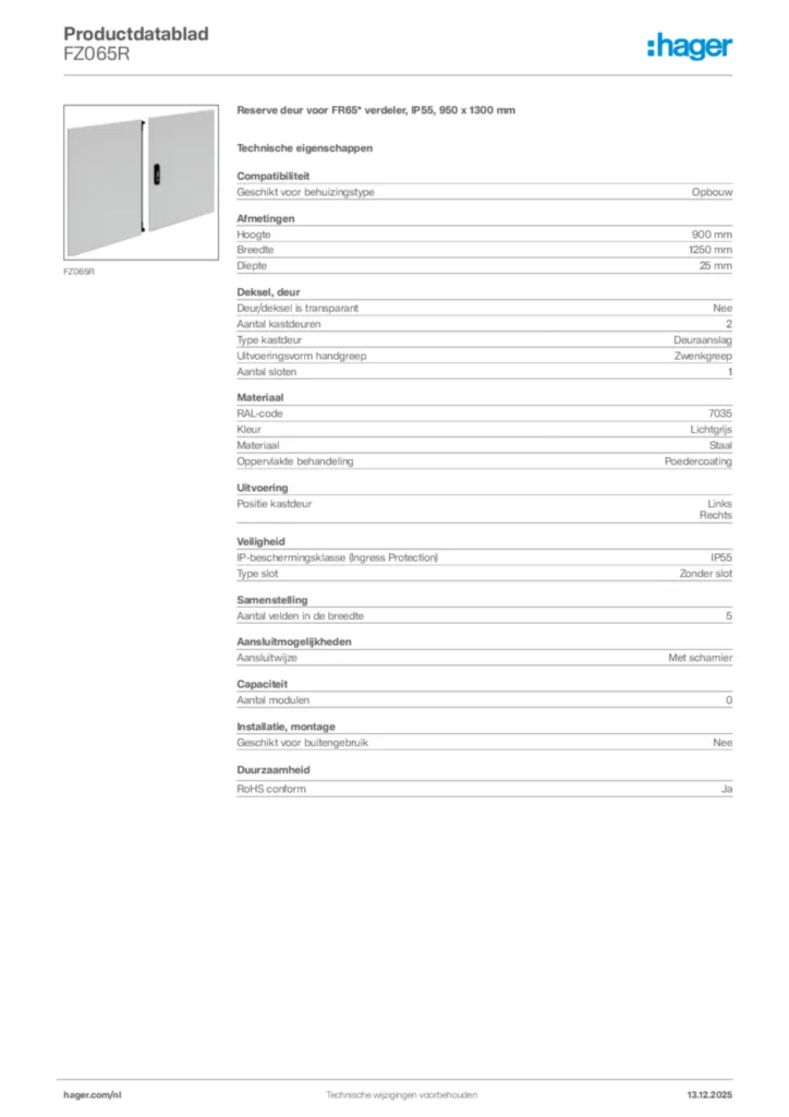 Afbeelding Hager Productdatablad FZ065R | Hager Nederland