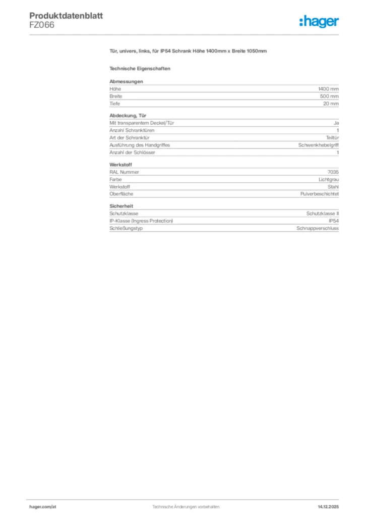 Bild Hager Produktdatenblatt FZ066 | Hager Deutschland
