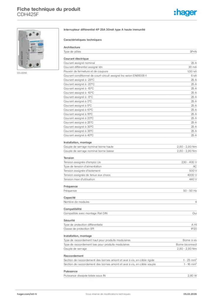 Image Hager Fiche technique du produit CDH425F | Hager Afrique