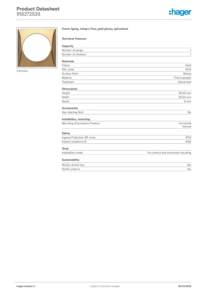 Image Hager Product data sheet 918272538  | Hager