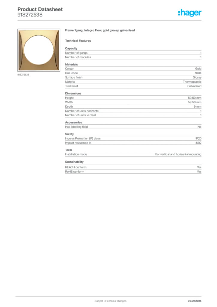 Image Hager Product data sheet 918272538  | Hager