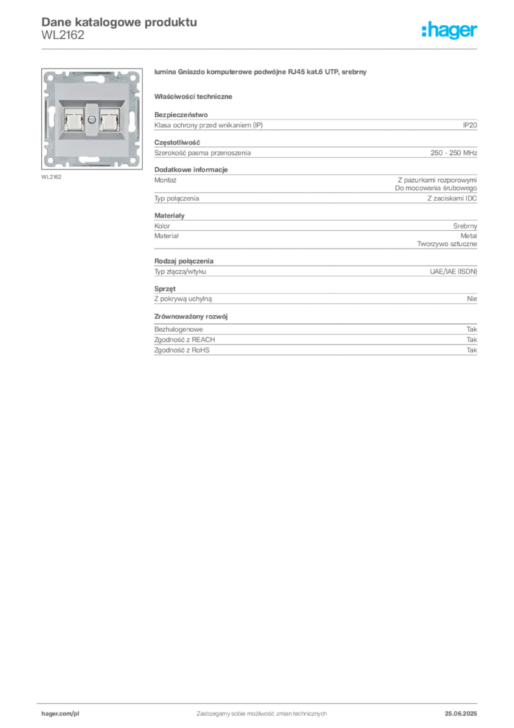Zdjęcie Hager Karta katalogowa WL2162 | Hager Polska