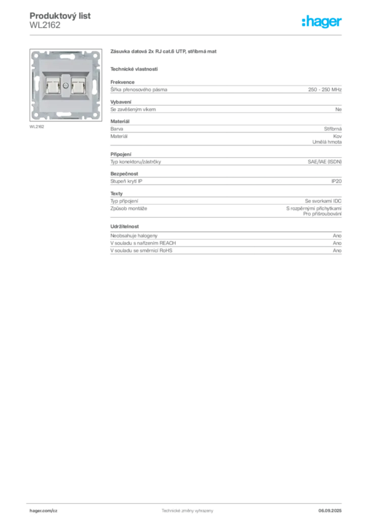 Obrázek Hager Produktový list WL2162 | Hager