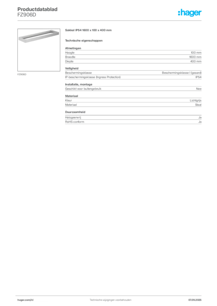 Afbeelding Hager Productdatablad FZ906D | Hager Nederland