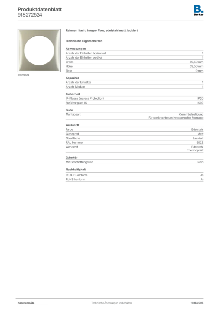 Bild Berker Produktdatenblatt 918272524 | Hager Deutschland