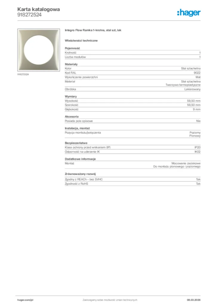 Zdjęcie Hager Karta katalogowa 918272524 | Hager Polska