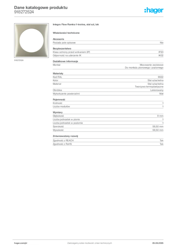 Zdjęcie Hager Karta katalogowa 918272524 | Hager Polska