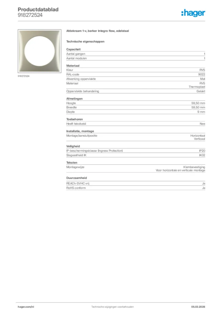 Afbeelding Hager Productdatablad 918272524 | Hager Nederland