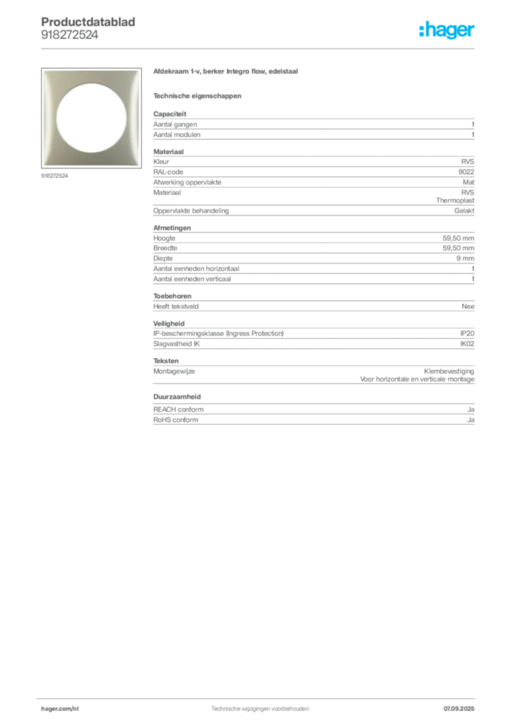 Afbeelding Hager Productdatablad 918272524 | Hager Nederland
