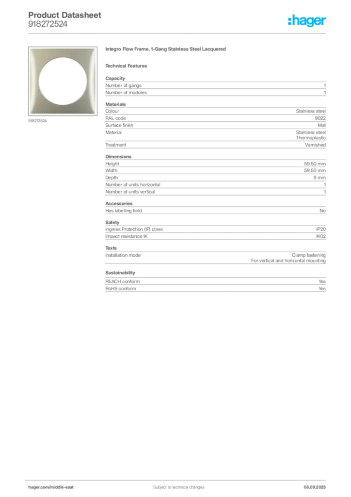 Image Hager Product data sheet 918272524  | Hager