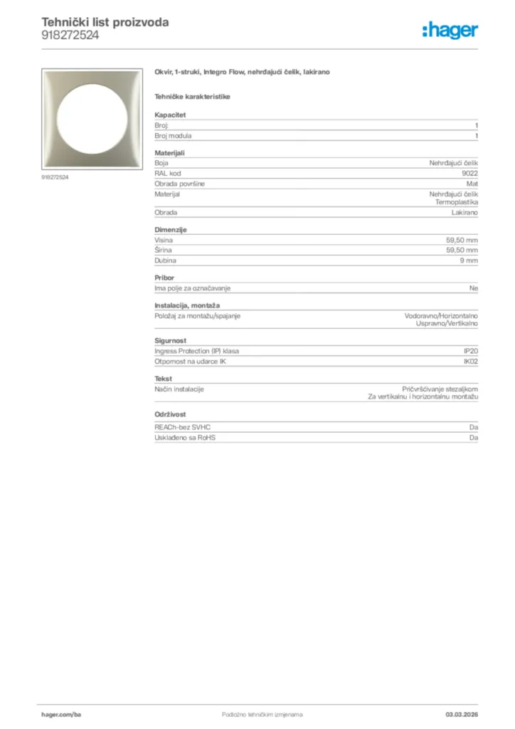Slika Hager Tehnički list proizvoda 918272524  | Hager
