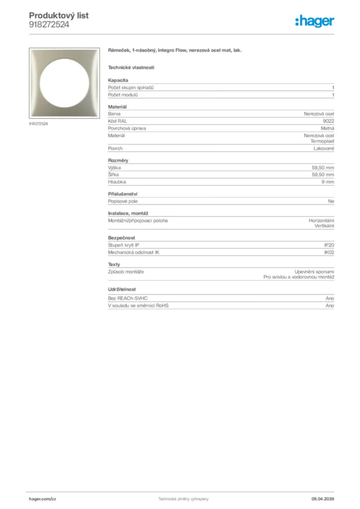Obrázek Hager Product data sheet 918272524 | Hager