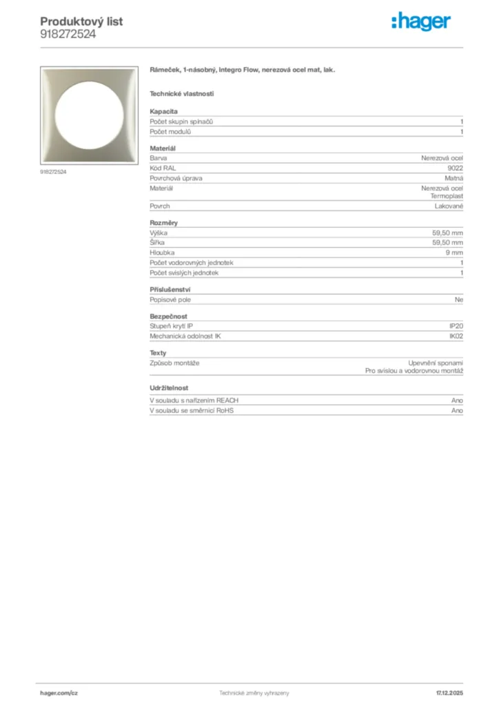 Obrázek Hager Produktový list 918272524 | Hager