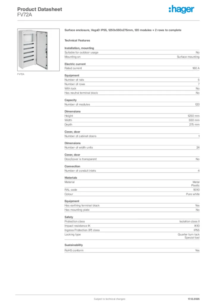 Image Hager Product data sheet FV72A  | Hager Africa
