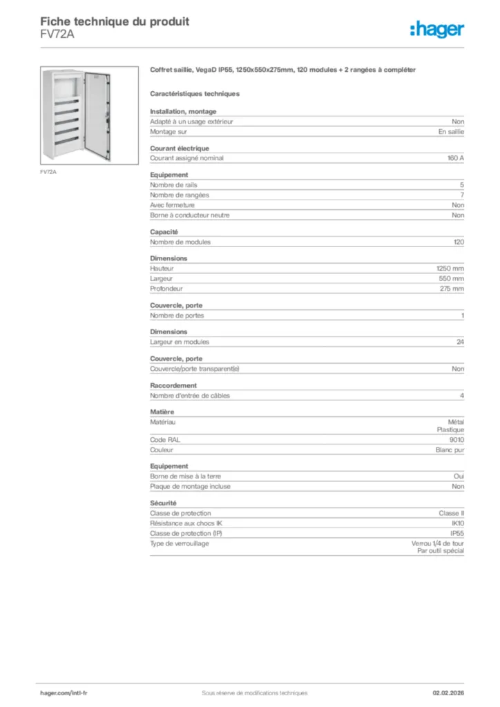 Image Hager Fiche technique du produit FV72A | Hager Afrique