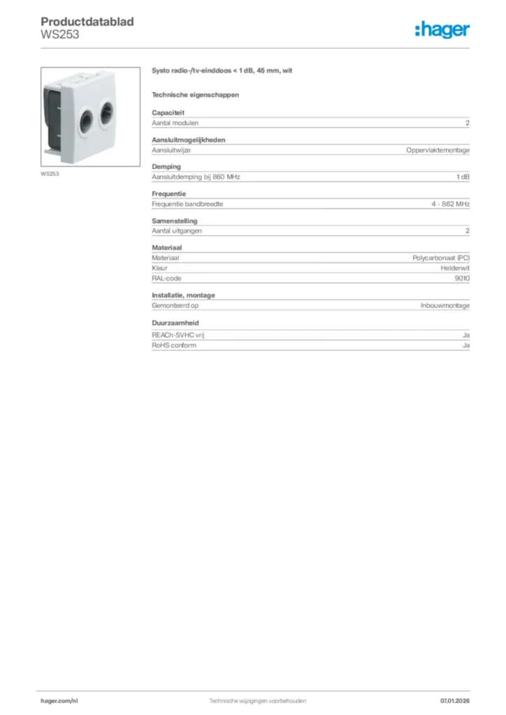 Afbeelding Hager Productdatablad WS253 | Hager Nederland