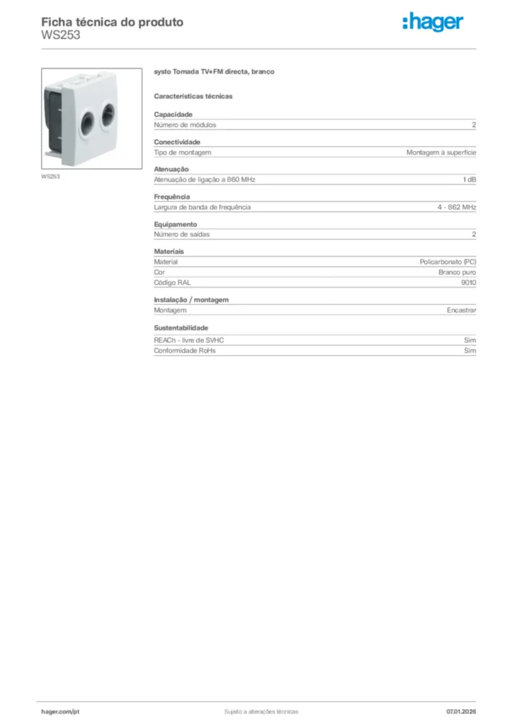 Imagem Hager Ficha técnica do produto WS253 | Hager Portugal