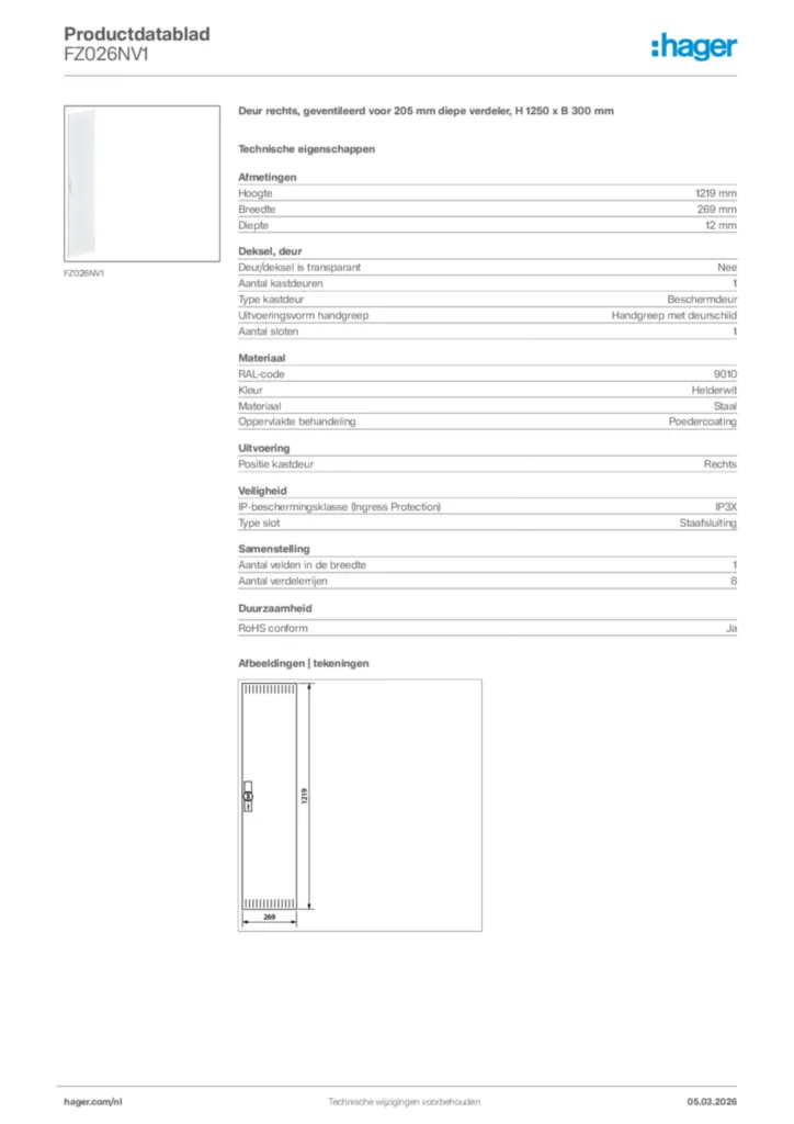 Afbeelding Hager Productdatablad FZ026NV1 | Hager Nederland